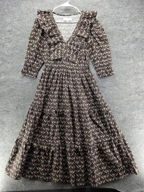 Kristinit Dress Womens XS Brown Floral Maxi Smocked Ruffle V-Neck 3/4 Sleeve